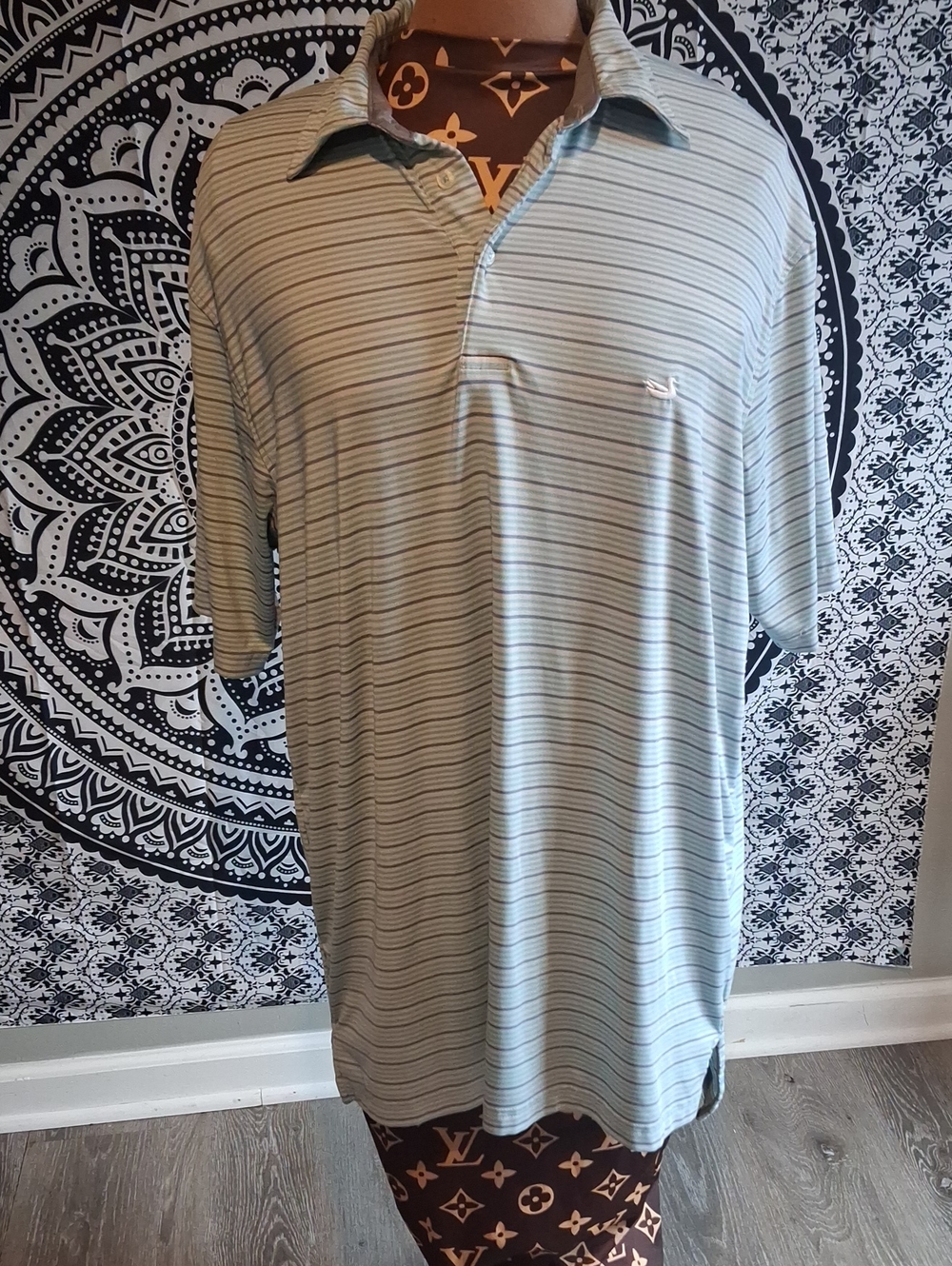 Southern Marsh Men's Light Blue and Gray Striped Polo